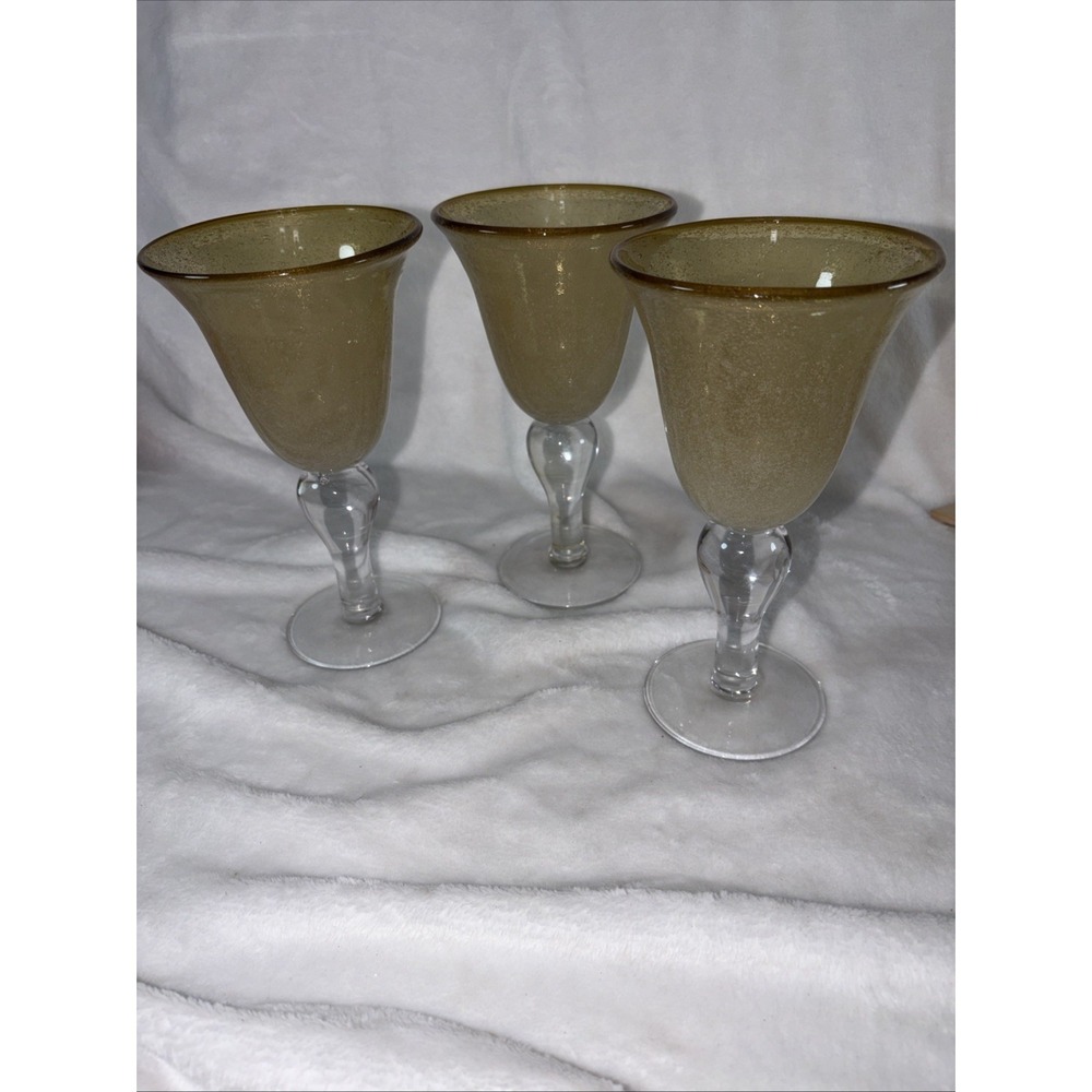 Artland Iris Amber Bubble Glass Goblets Hand Blown 14oz Water/Wine Set Of 3 EUC